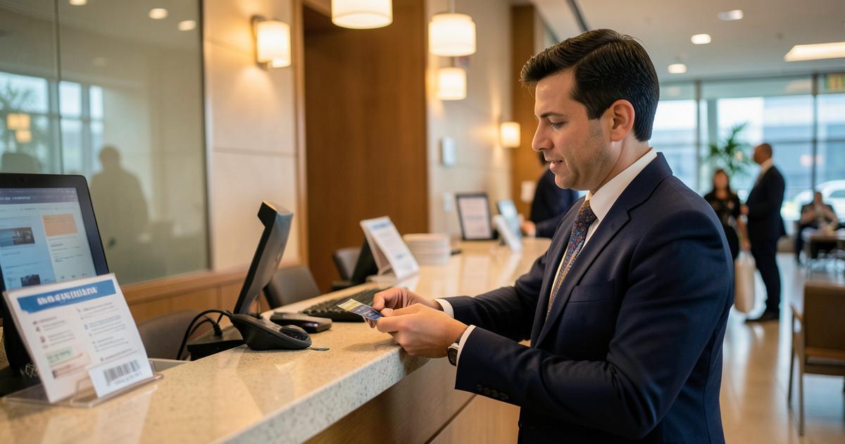 Business traveller paying with a card at a hotel check-in desk