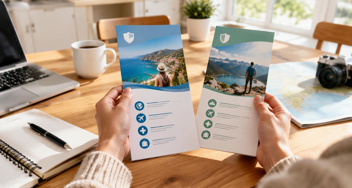 Traveller comparing two travel insurance brochures at a kitchen table