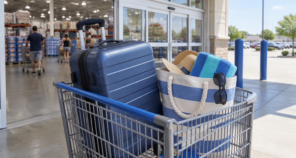 Shopping cart with a suitcase and beach bag outside a warehouse store
