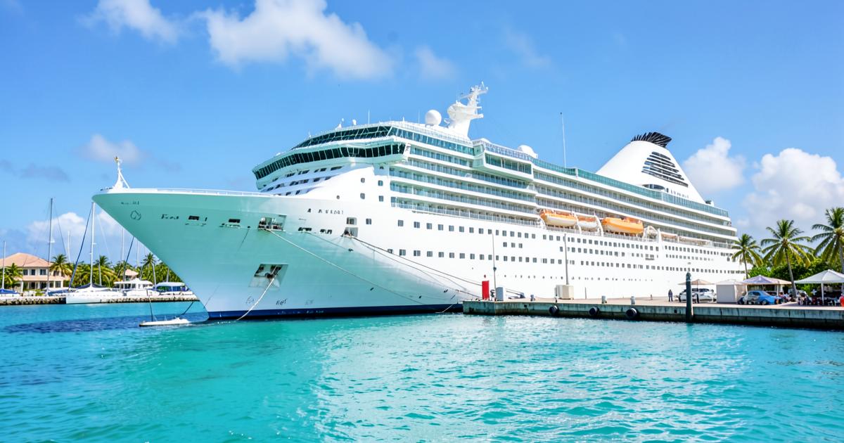 White cruise ship docked at a sunny Caribbean port with turquoise water