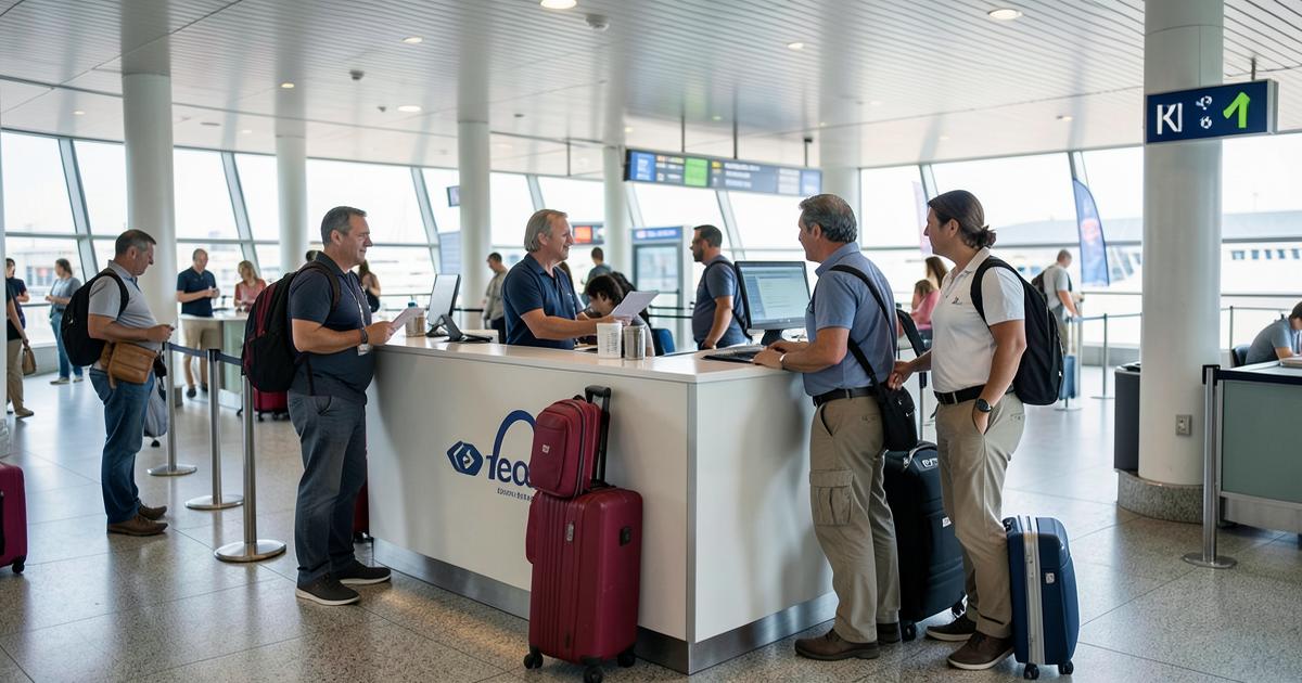 Travellers presenting documents at a cruise terminal check-in desk