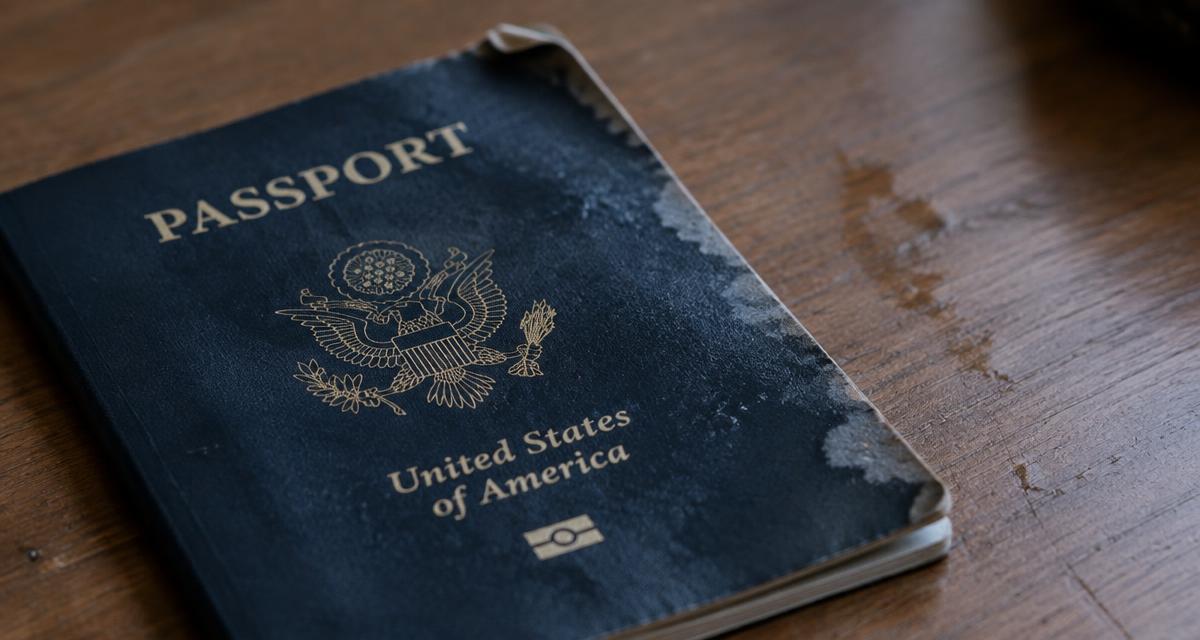 Worn passport with water marks and a bent corner on a wooden table