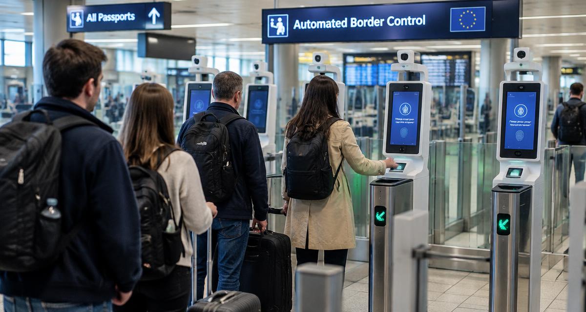 Travellers using automated border control kiosks at a European airport
