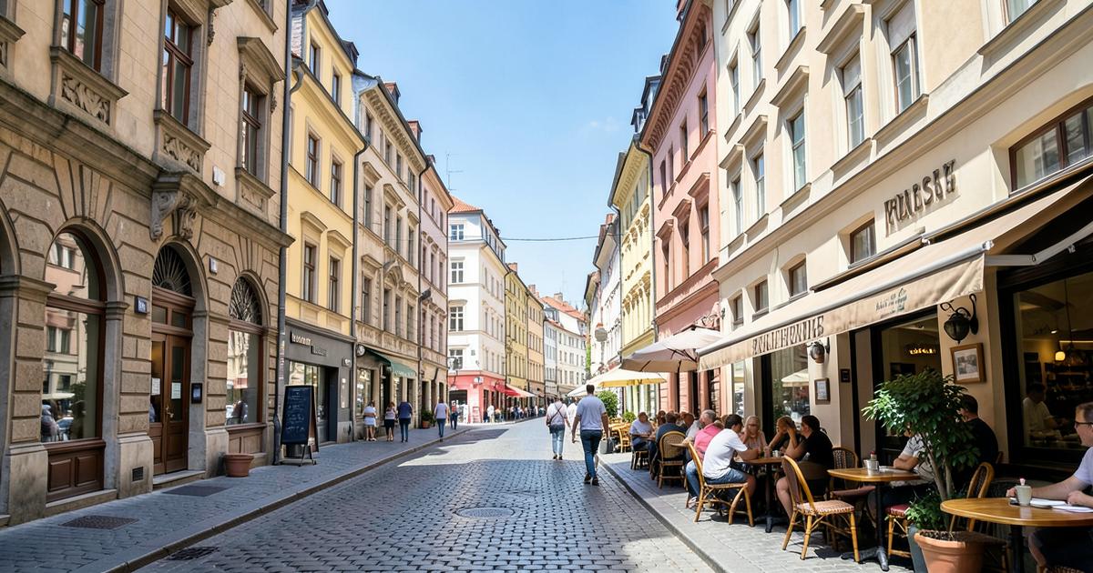 Sunny European old town street with cafe terraces and historic buildings