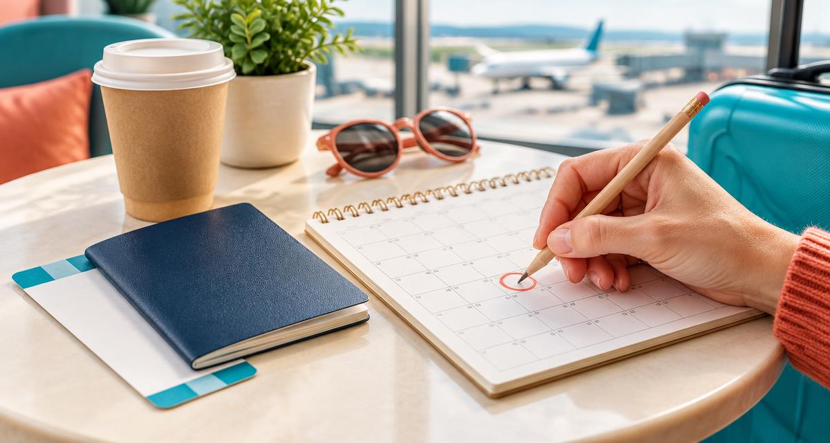 Traveller marking a date on a calendar beside a passport and luggage