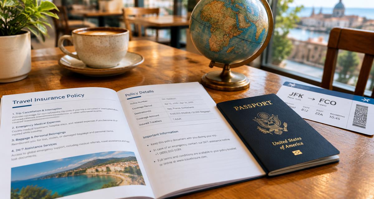 Travel insurance policy document, passport and boarding pass on a café table