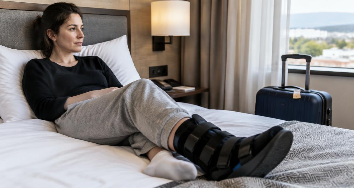 Traveller resting on a hotel bed with an ankle brace and a suitcase nearby