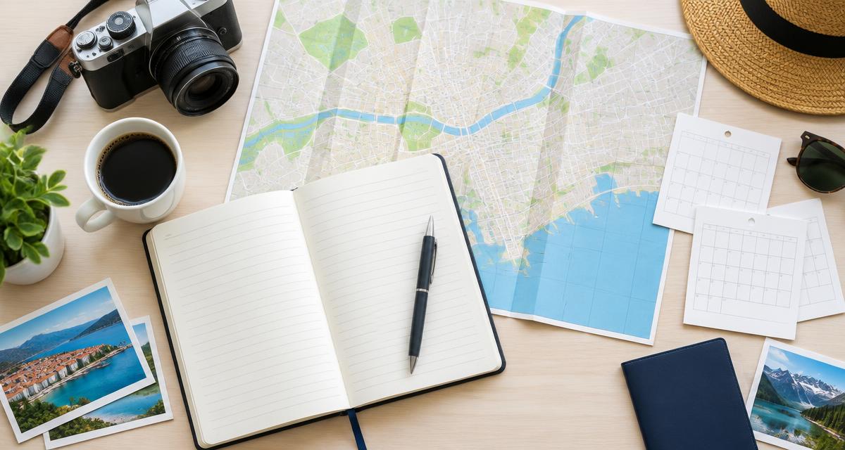 Notebook, pen, maps and planning sheets arranged on a bright desk