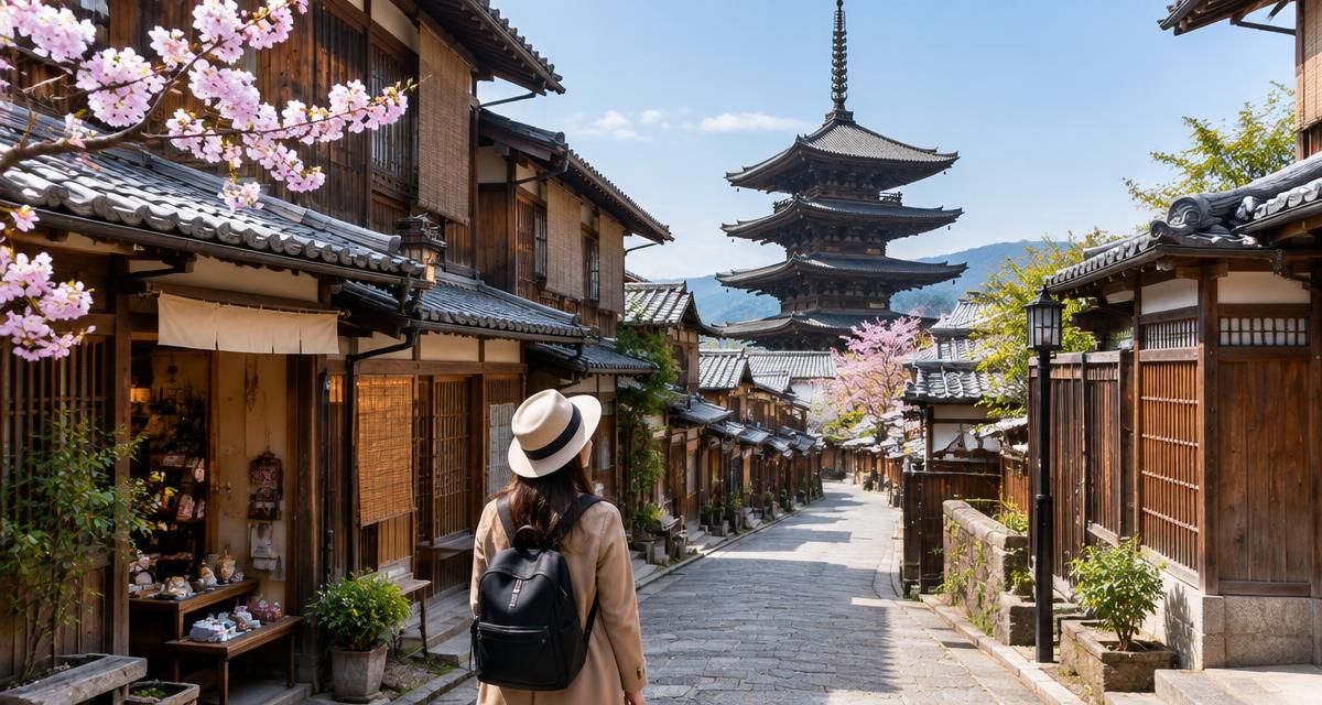 Traveller walking a traditional Kyoto street towards Yasaka pagoda