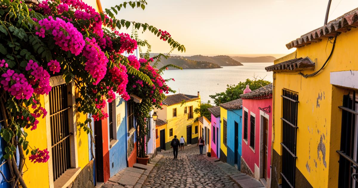 Colourful Mexican colonial street with bougainvillea leading down to the sea