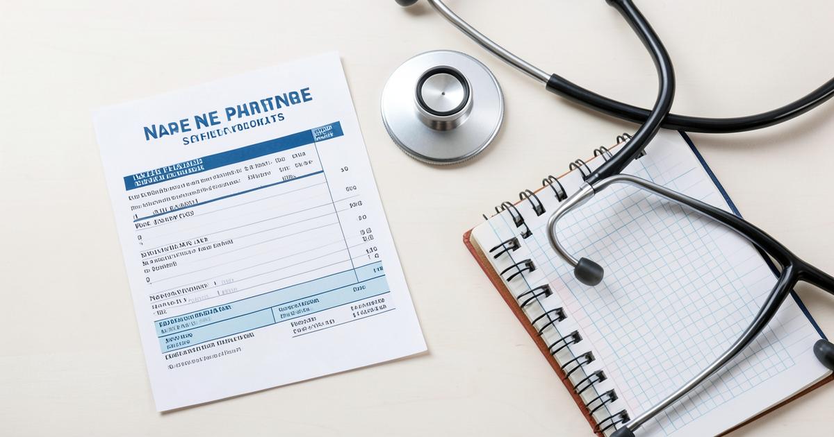 Pay stub, calculator, stethoscope and notebook laid out on a desk