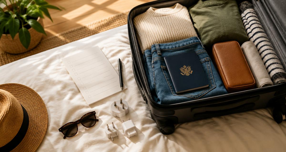 Packed suitcase with passport, checklist, adapter plugs and sunglasses on a bed