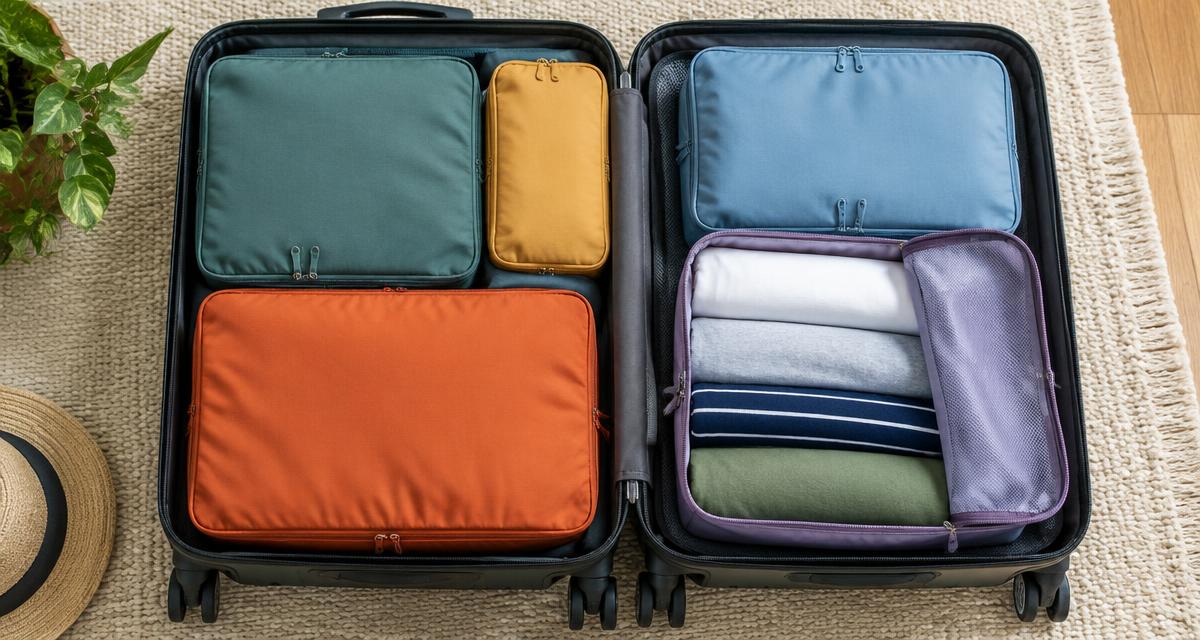Open carry-on suitcase with colourful packing cubes and rolled clothes