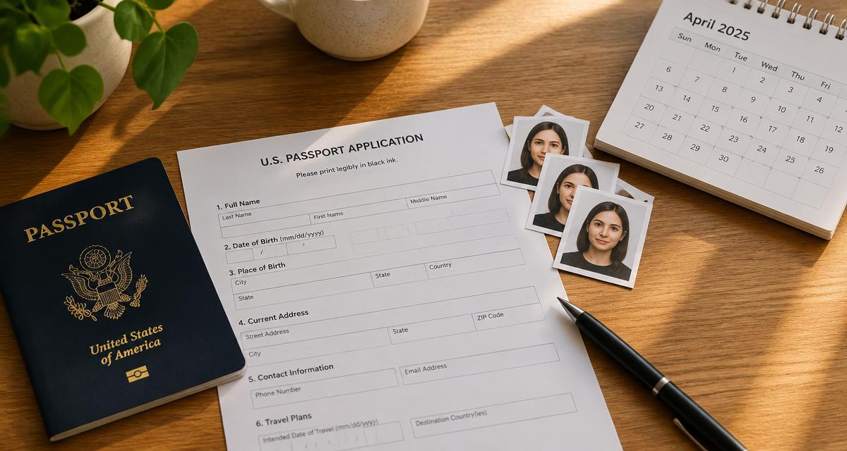 Passport application form, passport photos and a calendar on a wooden desk