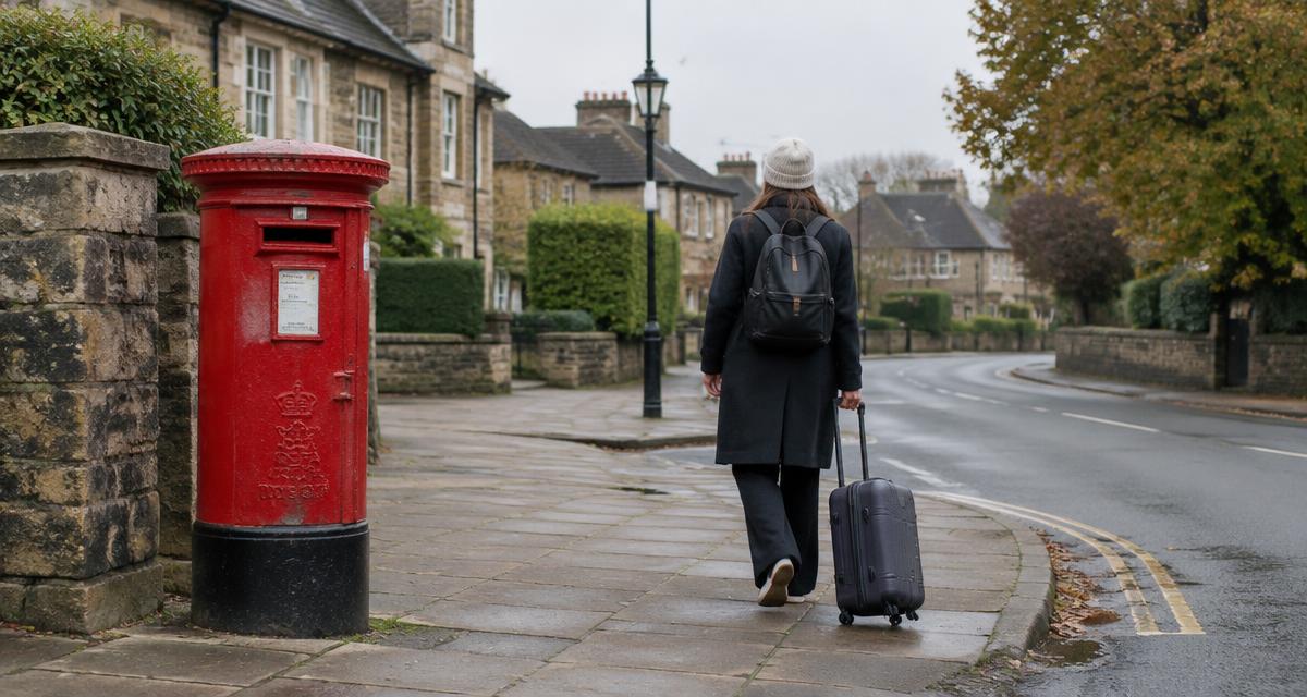 Red British post box on a street with a traveller pulling a suitcase