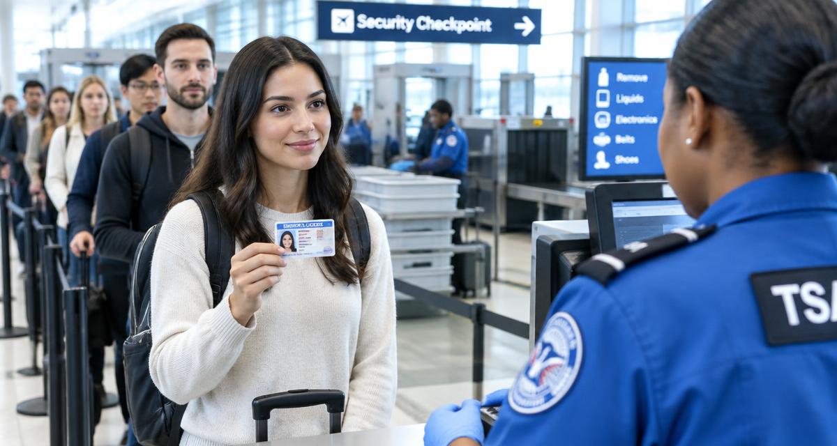 Traveller showing an identity card at a US airport security checkpoint