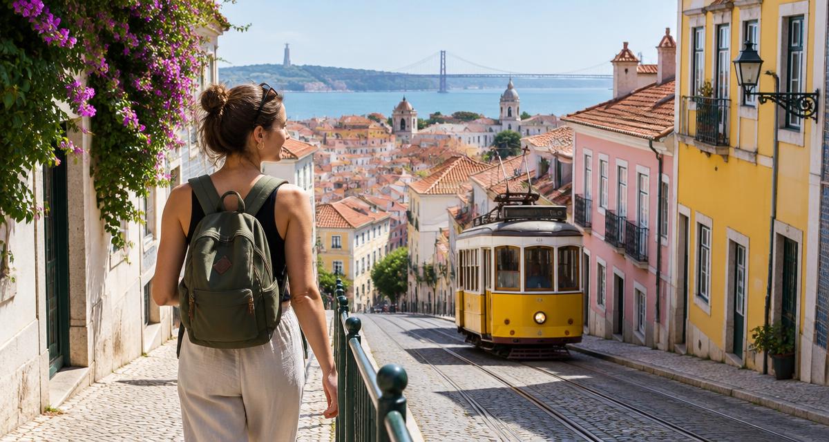 Solo traveller overlooking Lisbon rooftops beside a yellow tram