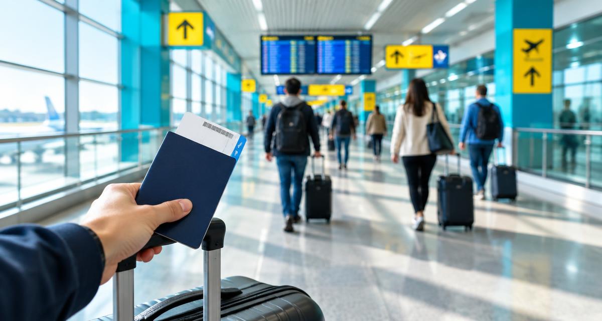 Traveller holding a passport while walking through an airport transfer corridor