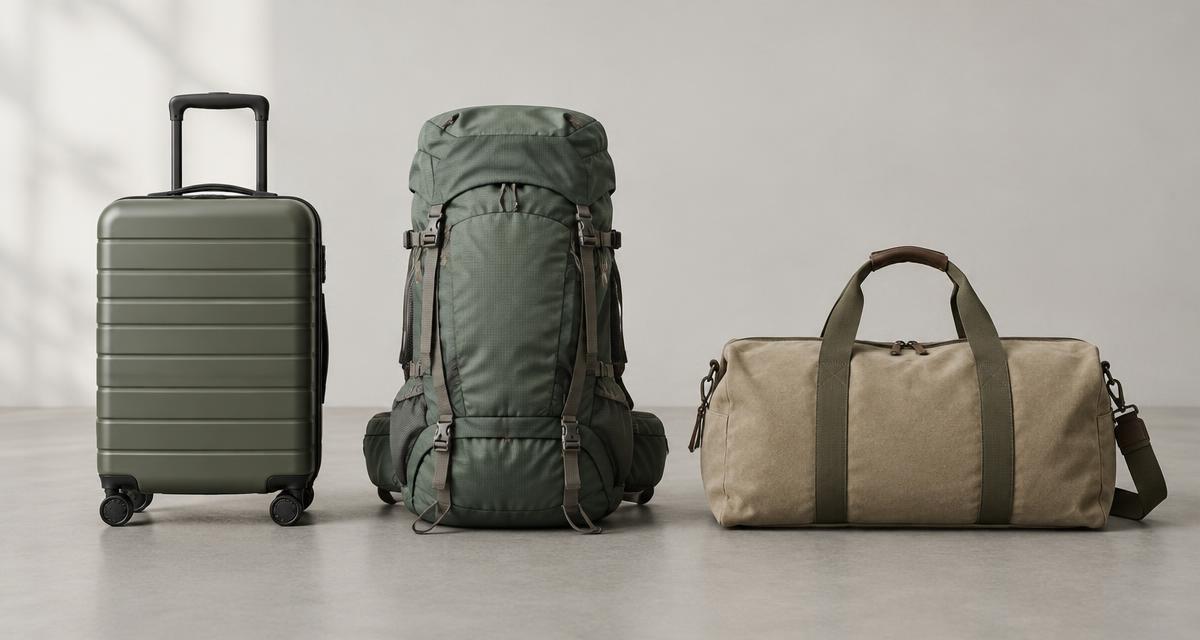 Carry-on suitcase, hiking backpack and canvas duffel bag side by side
