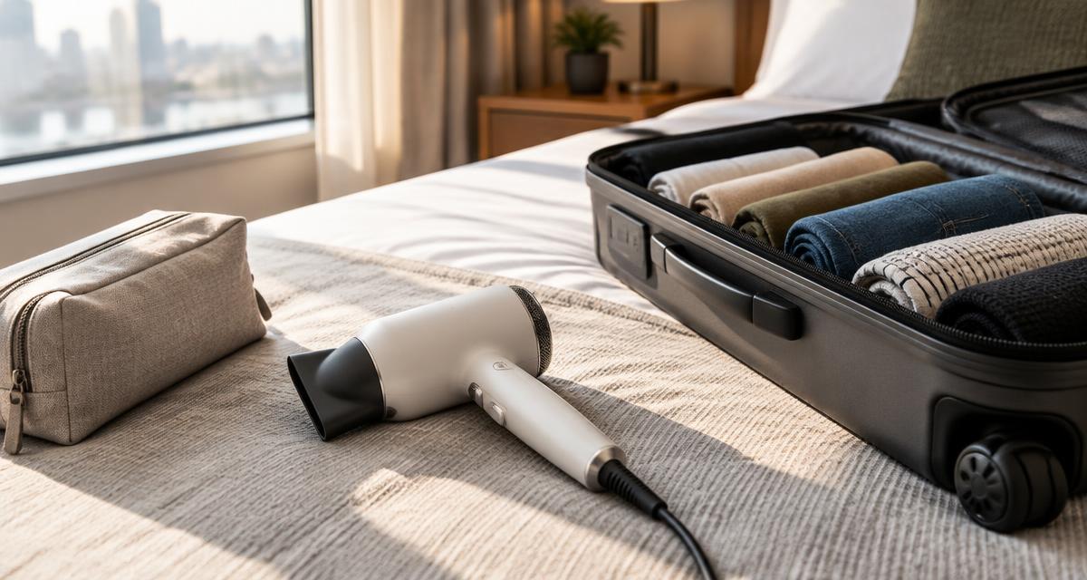 Compact travel hair dryer beside an open carry-on suitcase on a hotel bed