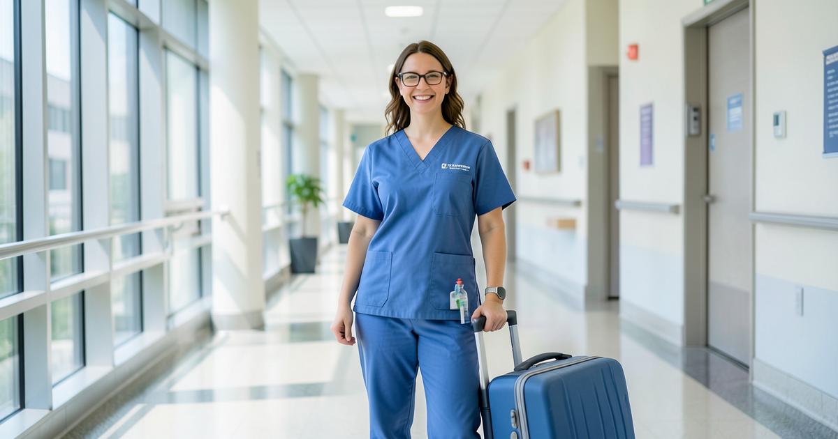 Travel nurse in blue scrubs with a suitcase in a bright hospital corridor