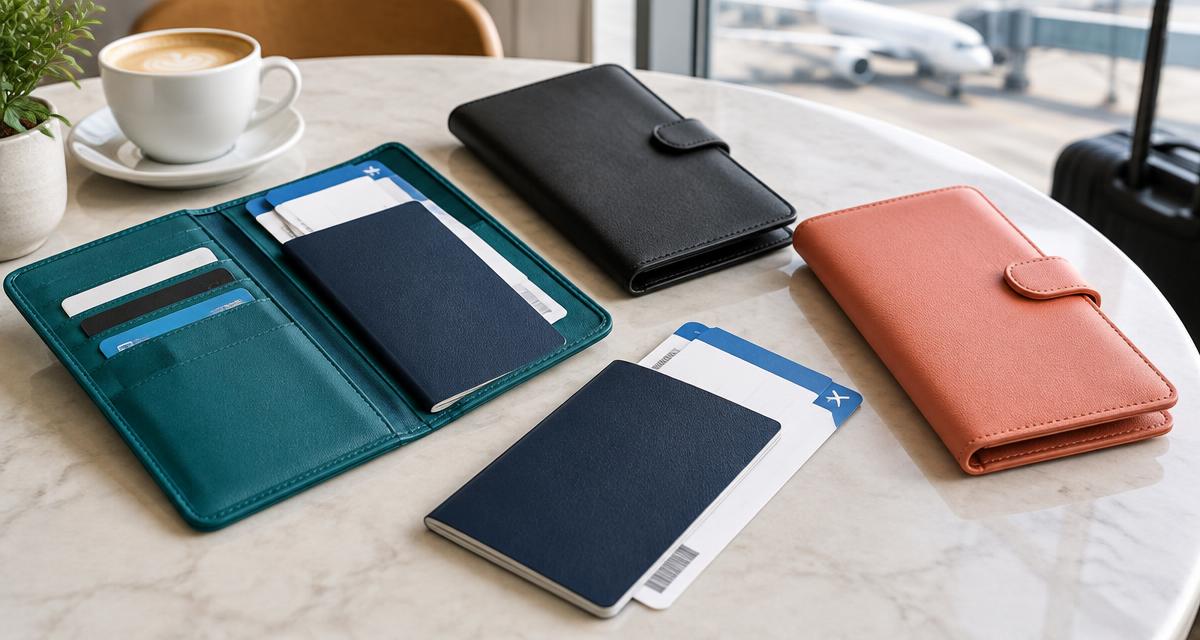 Open teal travel wallet and two document holders on an airport cafe table