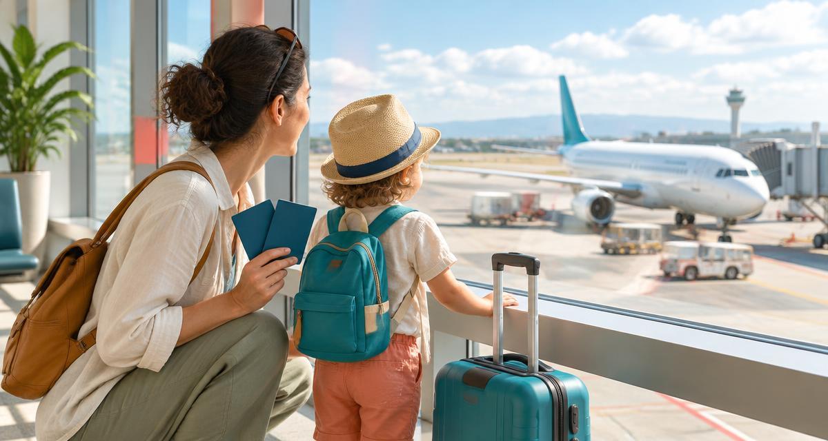 Parent and child with passports looking at an aircraft from an airport window