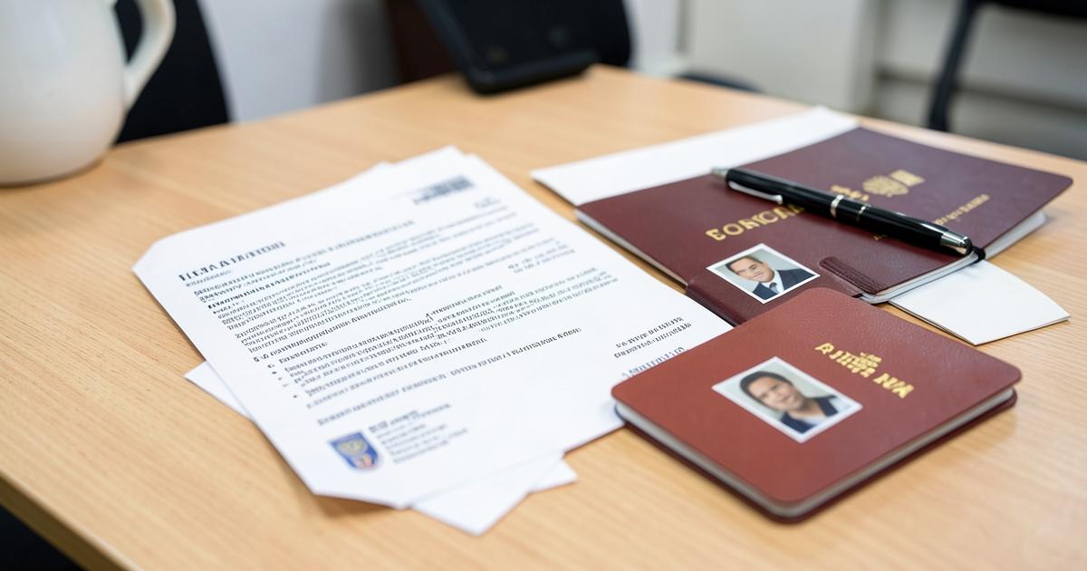 Visa application form, passports, photographs and a pen on a desk