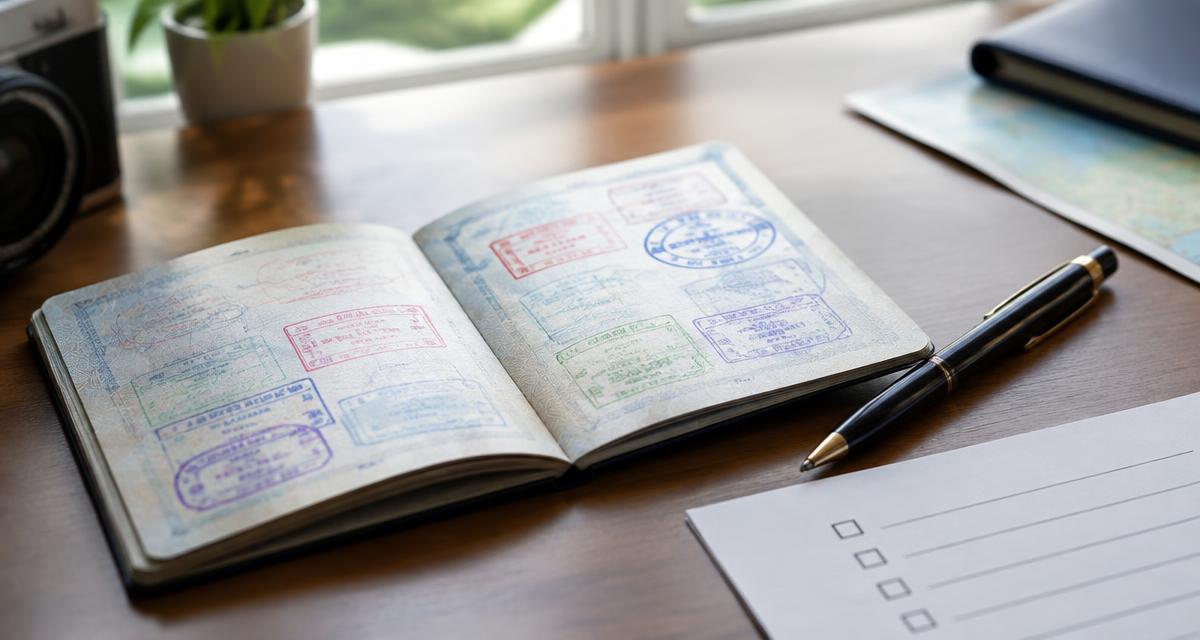 Open passport covered in visa stamps beside a pen and checklist